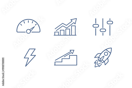 Set of six performance and optimization icons in line style. Editable stroke vector collection designed for UI, system improvement, analytics and digital productivity platforms.