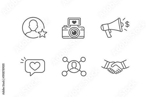 Influencer marketing line icon set with six editable stroke vector symbols. Clean outline style for creators, brand partnerships, campaigns and social media growth interfaces.