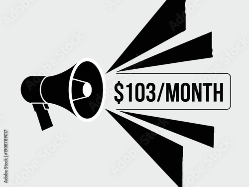 A black and white vector graphic illustration of a megaphone announcing a monthly price of $103