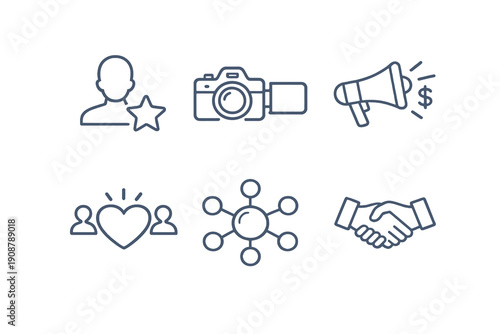 Set of six influencer marketing and creator economy icons in line style. Editable stroke vector collection designed for UI, social platforms, brand promotion and digital marketing tools.