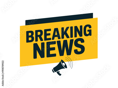 A breaking news vector graphic with a megaphone and yellow banner on a white background