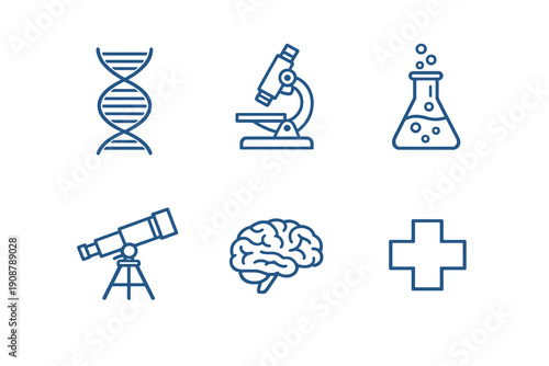 Science line icon set with six editable stroke vector symbols. Clean outline style for genetics, biology, chemistry, astronomy, psychology and medical science interfaces.