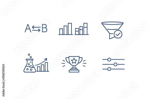 Set of six A/B testing and conversion icons in line style. Editable stroke vector collection designed for UI, CRO tools, experiments and marketing analytics platforms.