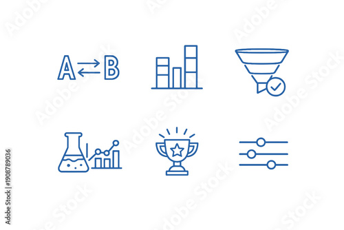 A/B testing and conversion optimization line icon set with six editable stroke vector symbols. Clean outline style for experiments, split tests and performance optimization interfaces.
