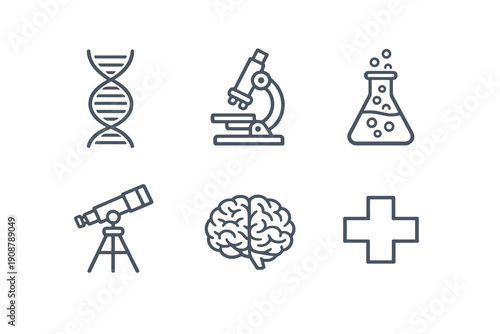 Set of six science and research icons in line style. Editable stroke vector collection designed for UI, education platforms, laboratories and scientific applications.
