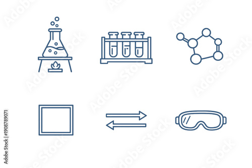 Set of six chemistry and laboratory icons in line style. Editable stroke vector collection designed for UI, experiments, education platforms and scientific dashboards.