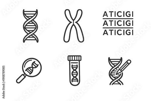 Set of six genetics and DNA research icons in line style. Editable stroke vector collection designed for UI, biology studies, medical research and education platforms.
