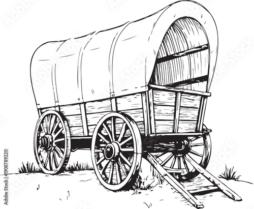 Vintage wooden wagon with a canvas cover Hand-drawn Sketch Drawing Vector Illustration, Line Linear Symbol Engraving for Coloring Book, Black and White, Isolated