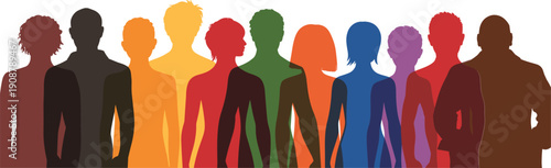 Flat vector illustration of twelve diverse colorful human silhouettes standing side by side symbolizing inclusion, equality, representation, unity, diversity, community, harmony