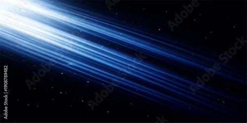 A glowing blue abstract background with a bright burst of energy and shiny stars creates a dark cosmos wallpaper design featuring light rays and a motion laser effect across the night sky
