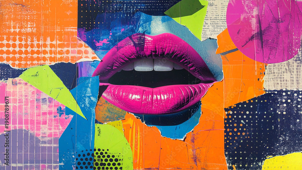 Fototapeta premium Magenta lips pop art collage. Mixed media torn paper texture. Urban street art background. Neon geometry shapes. Digital halftone pattern. Fashion makeup marketing asset. Design element.