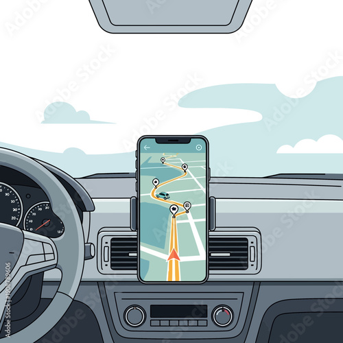 Car dashboard with smartphone GPS navigation app showing route