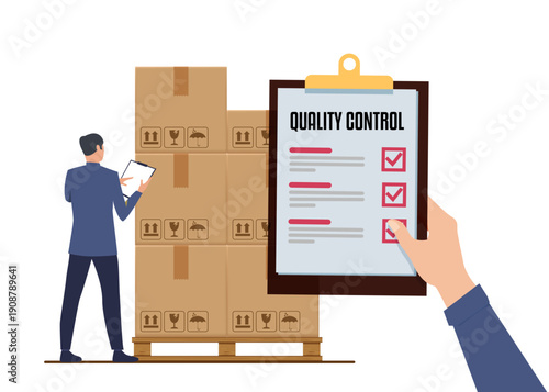 A professional quality control inspector uses a checklist to verify stacked boxes on a wooden pallet in a warehouse.