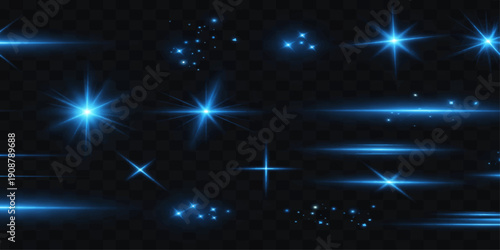 A glowing blue abstract background features a magic night sky filled with bright stars and sparkling holiday lights, creating a shiny winter space illustration perfect for a Christmas wallpaper