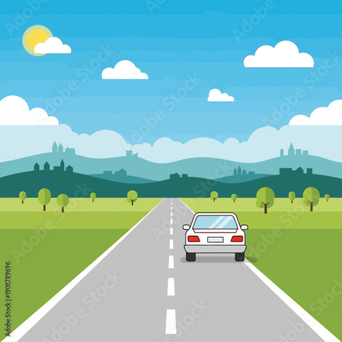 Flat design road trip with car, hills, and cityscape