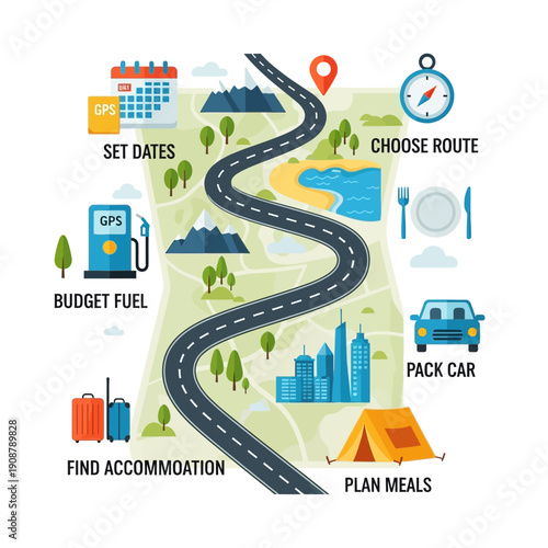 Road trip planning and travel route infographic with icons
