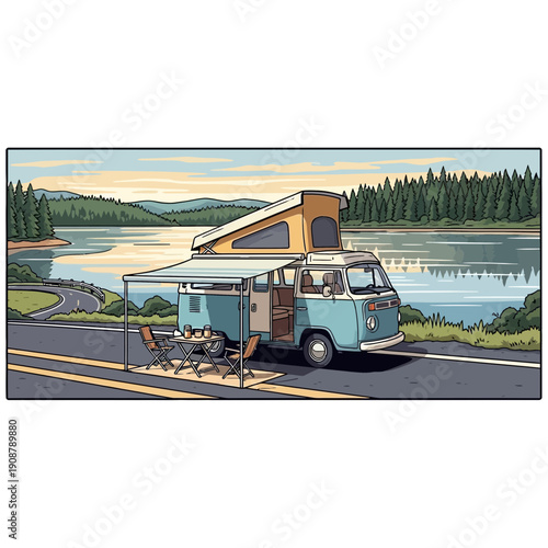 Vintage camper van by lake with awning and outdoor dining setup