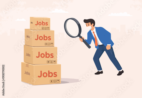 Searching for jobs, recruitment or opportunity for candidate to finding right work and employer, smart unemployed businessman using magnifying glass to looking stack of boxes with the word Jobs