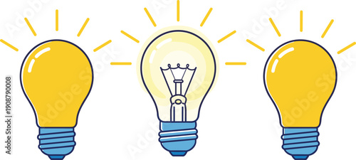 Light bulb idea icons illustration set, creative innovation concept vector with glowing bulbs for brainstorming, inspiration, startup thinking, education design, technology solution background