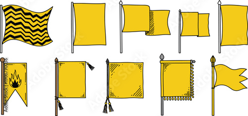 Set of yellow decorative flags and banners with poles and tassels, hand drawn vector illustration collection for medieval design, branding, game assets, signage, and vintage templates