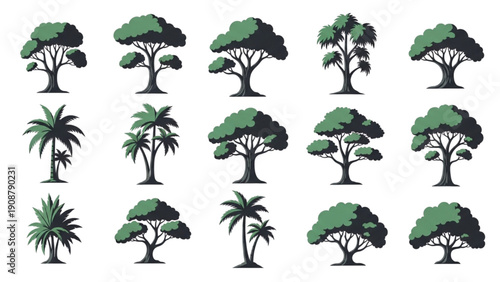 Extensive collection of diverse tree varieties presented in a clean vector illustration style, ideal for modern design projects