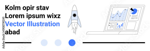 Rocket launching beside a laptop with data charts, highlighting growth and analytics. Ideal for innovation, business strategy, startup growth, technology, finance, project management, simple landing