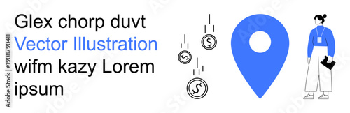 Business navigation, financial planning, e-commerce, user guidance, technology, mobile apps. Blue location pin, coins and a person holding a folder. Business navigation and financial planning