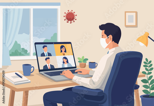 Work from home video conference meeting with team in social distancing Coronavirus COVID-19 pandemic concept, office guy stay home working at home chair conference meeting with team laptop computer.