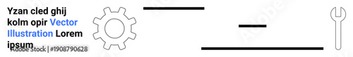 Technology design, repair tools, engineering projects, industrial maintenance, technical diagrams, process improvement. Gear and wrench alongside text and lines. Technology design and repair tools