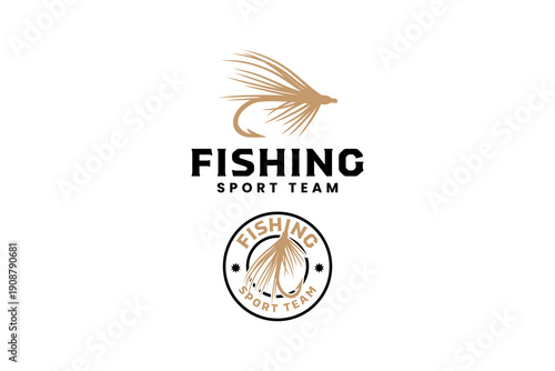 Fishing lure modern logo design set for fishing sport club. Fly fishing lure vintage patch badge logo design for outdoor angling. Angling hook lure symbol illustration vector.