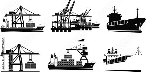 Cargo ship and harbor crane silhouette set, container port logistics and maritime transport icons collection isolated on white background, industrial shipping vector illustration