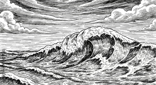 Large Ocean Wave Crashing Against Water.