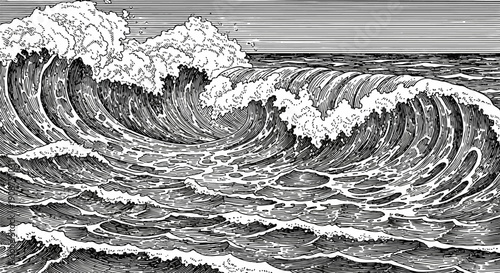 Large Ocean Wave Crashing with White Foam.