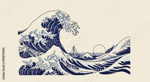 Large Ocean Wave Illustration with Mountain.