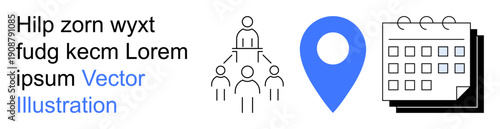 Business planning, team management, event scheduling, geolocation, organization, networking. Graphic of a team hierarchy, a location pin and a calendar. Focus on team management and event scheduling