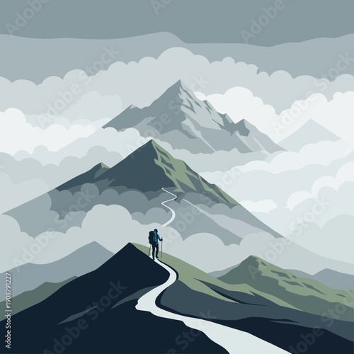 Hiker on mountain path, reaching summit through clouds, adventure, exploration