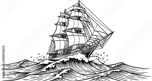 Sailing Ship Riding Waves Ocean Storm.