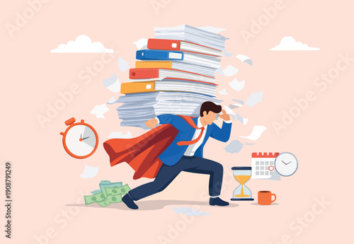 Handle busy work, manage workload or complete multitasks within deadline, organize paperwork or documents, effective productive concept, businessman superhero carry load of paperwork documents