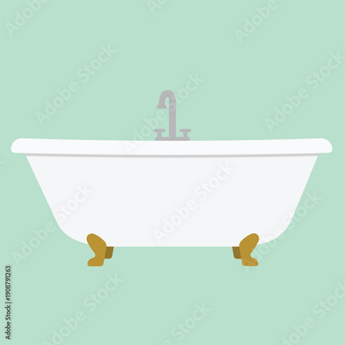 Classic White Freestanding Clawfoot Bathtub Flat Design Vector Illustration - Bathroom Interior Icon on Mint Green Background