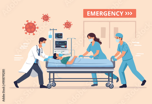  Emergency case for Coronavirus critical patient concept, doctor with medical team riding bed with critical Coronavirus COVID-19 pneumonia patient emergency room with extra treatment, virus pathogen