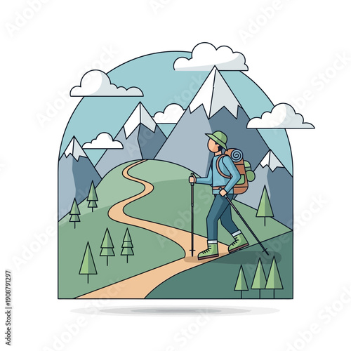 Hiker with backpack and poles on mountain trail, adventure, nature, outdoor activity