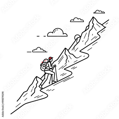 Hiker with backpack and poles ascends steep mountain path, minimalist line art.