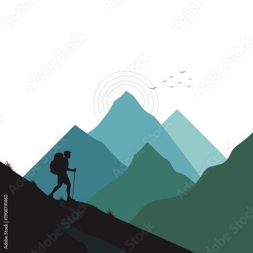 Silhouette hiker ascends mountain trail at sunrise, adventure and exploration concept.