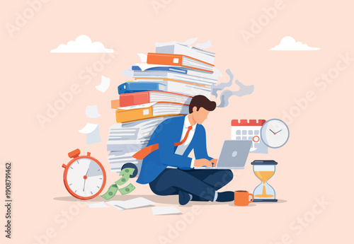  Ability to work under pressure, leadership skill to success, control stressed complete work within timeline concept, calm confident businessman working with laptop while carrying load of paperwork