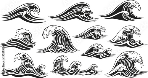 Various Wave Illustrations in Black and White.