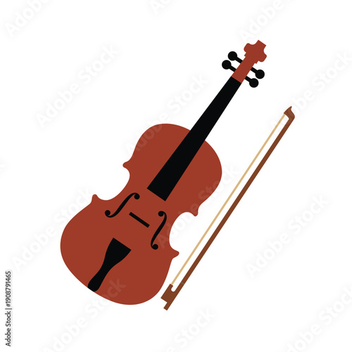 Classical Wooden Violin and Bow Flat Design Vector Illustration - Musical String Instrument