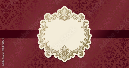 Luxury burgundy damask pattern background with vintage frame and ribbon. Elegant blank label template for gift or invitation.