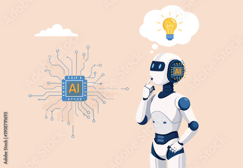 AI artificial intelligence technology to think and advice new idea, machine learning chatbot to support and help, innovation or automation, smart robot AI chip thinking about new lightbulb idea