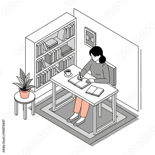 Woman working at desk with books and plant in a minimalist room.