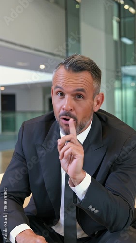 A mature businessman in a modern office lobby is shaking his finger and head, saying 